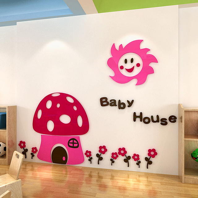 Kindergarten School Classroom Glass Decoration Lovely Cartoon Fantasy Mushroom House Children'S Room acrylic 3D Wall Sticker