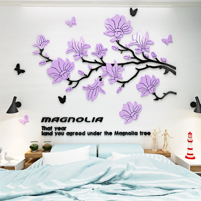 Magnolia flower acrylic 3D home decoration living room wall sticker