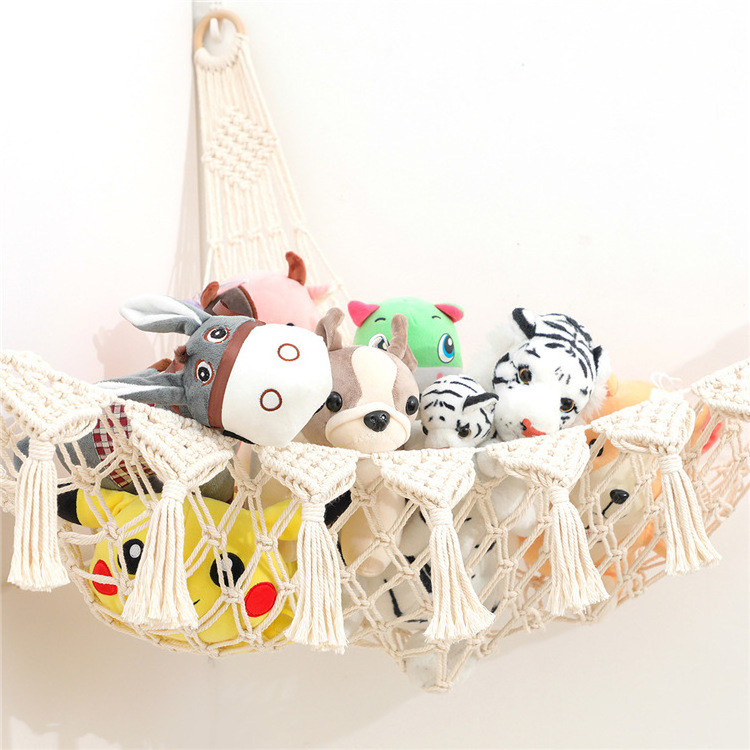 Boho Animal Holder Organizer Macrame Woven Wall Hanging Storage Bag Net Macrame Toy Hammock For Stuffed Animals