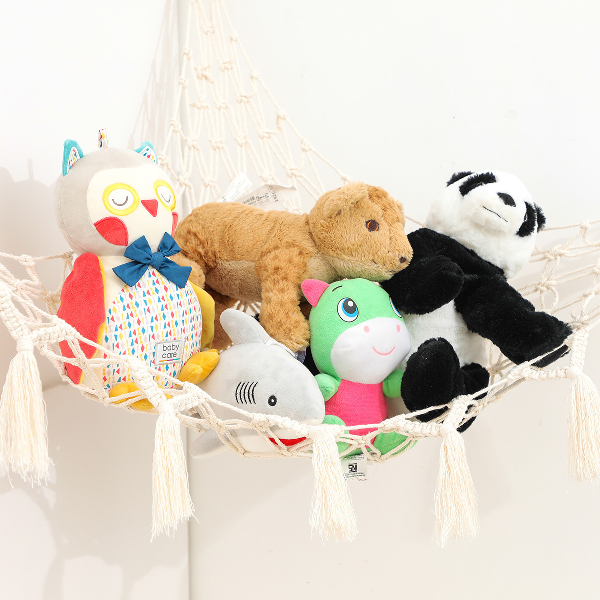 Boho Animal Holder Organizer Macrame Woven Wall Hanging Storage Bag Net Macrame Toy Hammock For Stuffed Animals