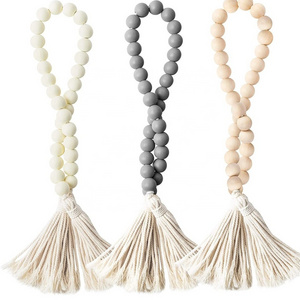 Wood Beads Garland With Tassels Farmhouse Rustic Natural Wooden Bead String Wall Hanging