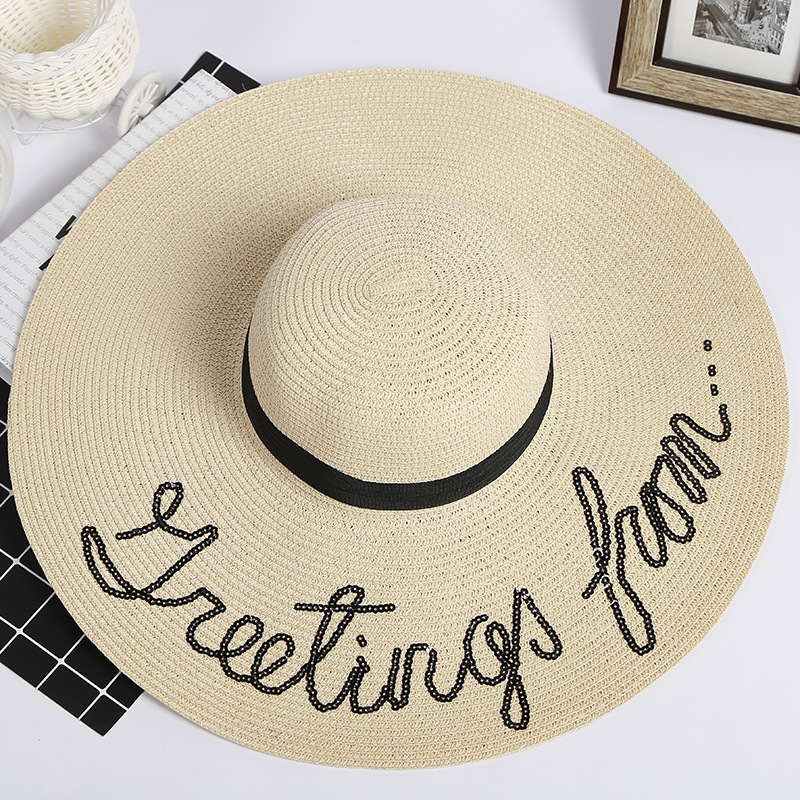 Wholesale Women Foldable Summer Embroidered Straw Hat Wide Brim Sun Beach Hat for Girls