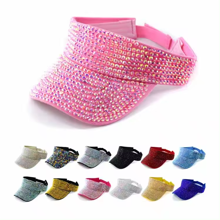 LRT Wholesale Summer Ladies Glitter Outdoor Cap Women Beach Sun Visor Cap Multicolored Bling Empty Top Rhinestone Sun Visor Hats