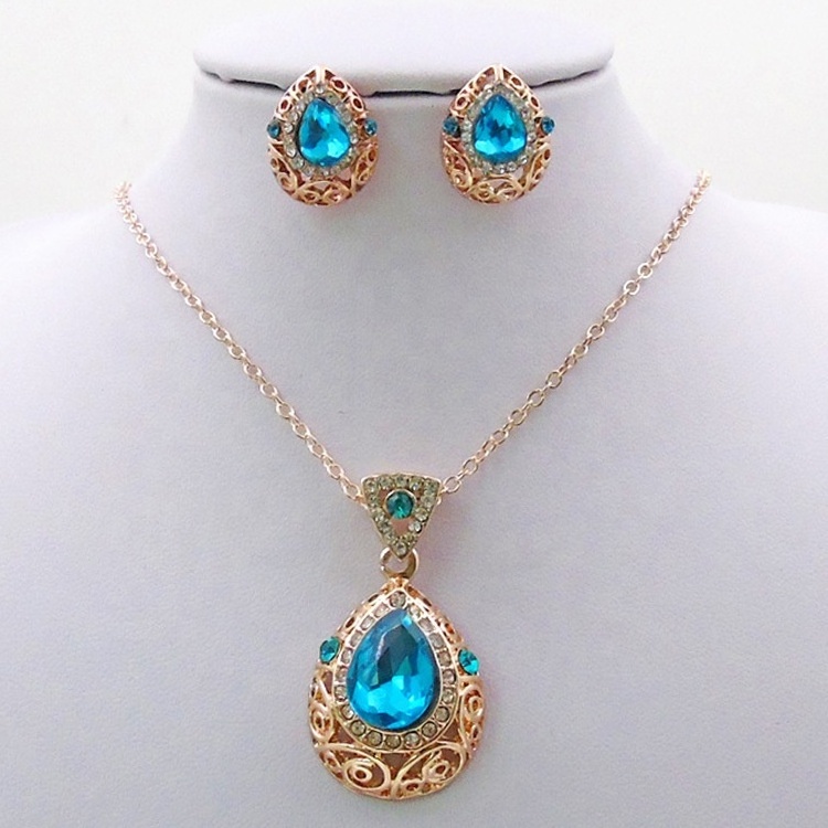 Gold Jewelry Sets Bridal Fine Rhinestone Women Jewellery Charm Crystal Water Drop Pendant Necklaces Earrings Sets for Party