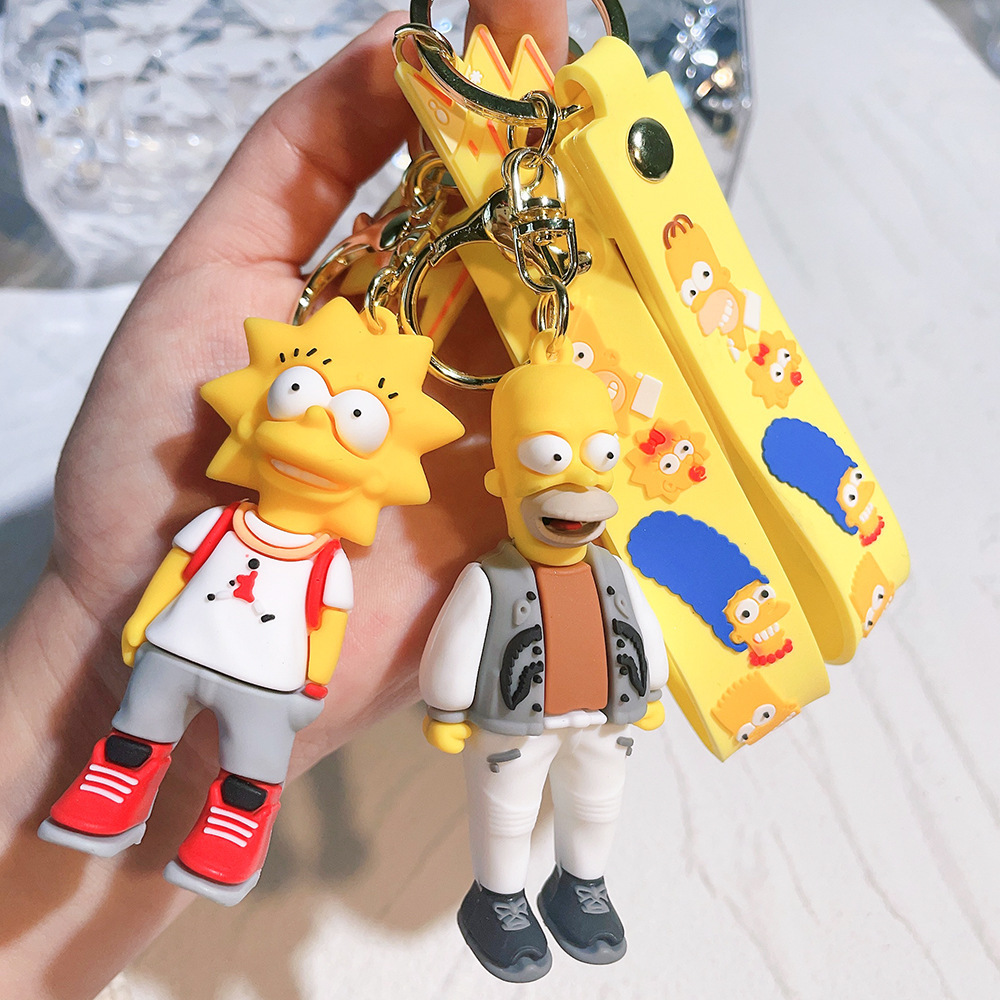 Rubber Dolls Key Ring with Straps 3D Cartoon Lovely Cool The Simpsons Family Design Car Bag Pendant Key Chains Accessories Gift