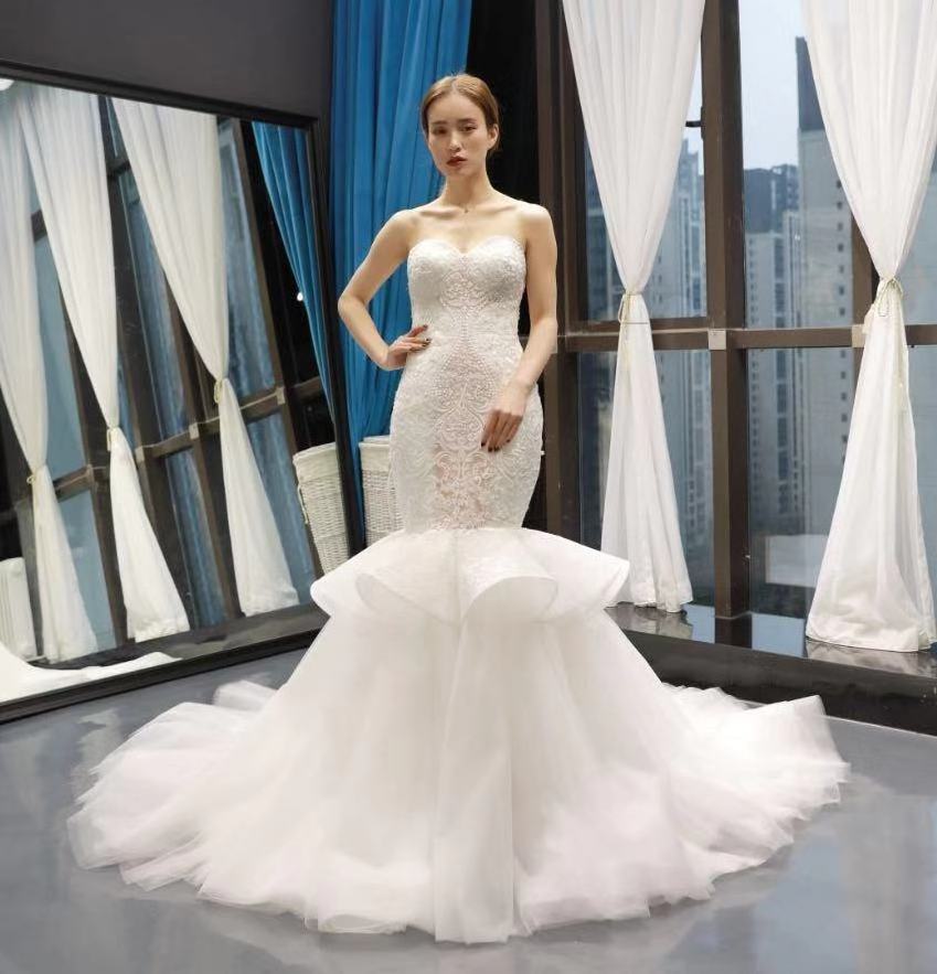 RSM66765 real high quality sweetheart sexy peplum mermaid luxury bridal gowns wedding dress with long detachable train