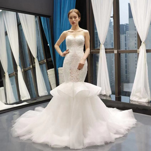 RSM66765 real high quality sweetheart sexy peplum mermaid luxury bridal gowns wedding dress with long detachable train