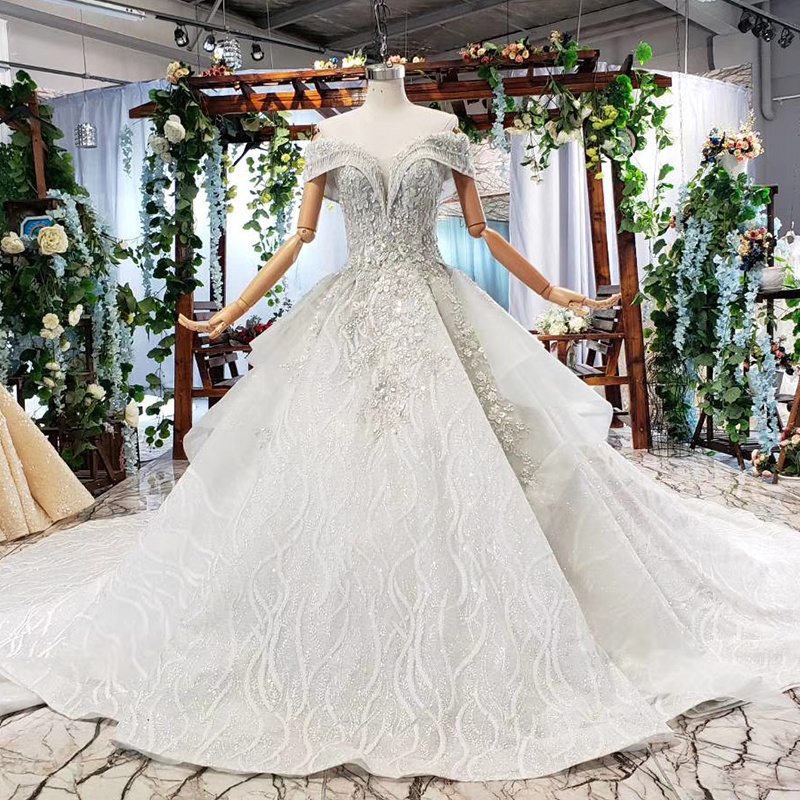 HTL751 Wedding Dresses With Train Lace Applique Beading Off Shoulder Cathedral Long Train Bridal Gowns