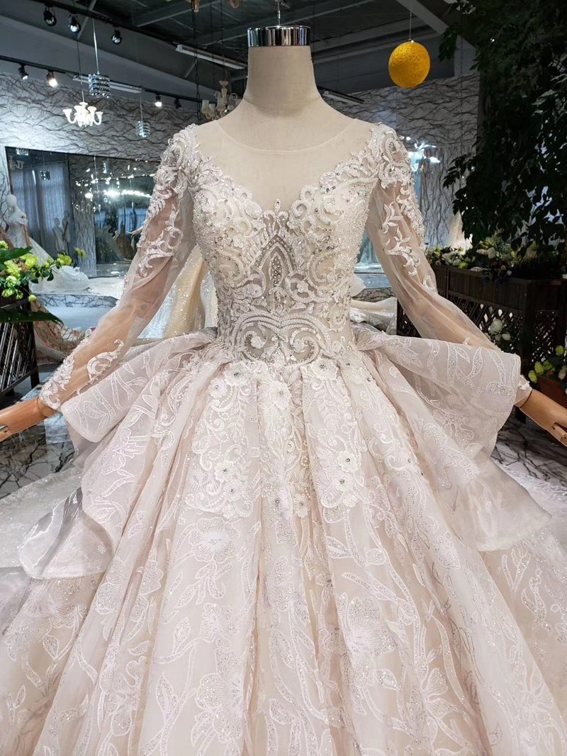 HTL206 long sleeves ball gown applique o neck peplum luxury elegant wedding dress ball gown