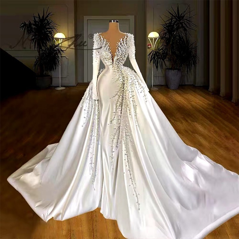 Jancember RSM67215 Luxury Sequin Long Sleeves Bridal Gowns Mermaid Wedding Dress