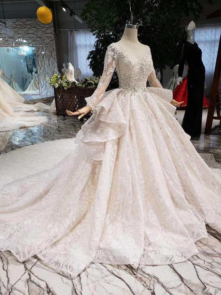 HTL206 long sleeves ball gown applique o neck peplum luxury elegant wedding dress ball gown