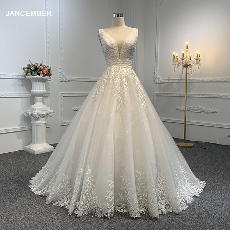 Jancember LSB004 Elegant Sleeveless A-line Appliques Belt Wedding Lace Dresses