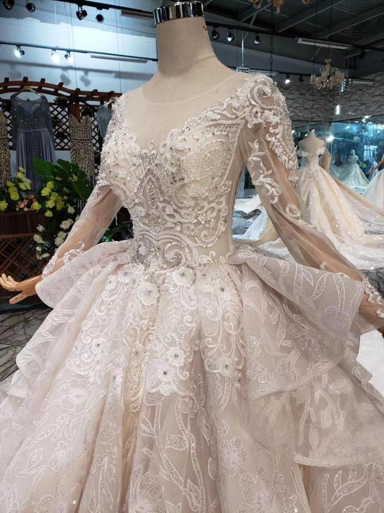 HTL206 long sleeves ball gown applique o neck peplum luxury elegant wedding dress ball gown