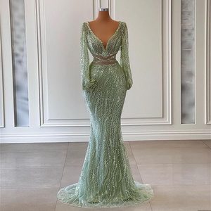 Scz027 Luxury Beaded Mermaid Mint Green Evening Dress 2023 Sexy V-Neck African Prom Party Dresses For Women Wedding