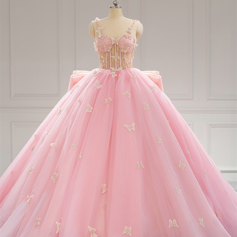 Princess Pink Quinceanera Dresses Lace Appliques Tulle Skirt Corset Sweet 16 Dress Off The Shoulder Ball Gown LSRL001