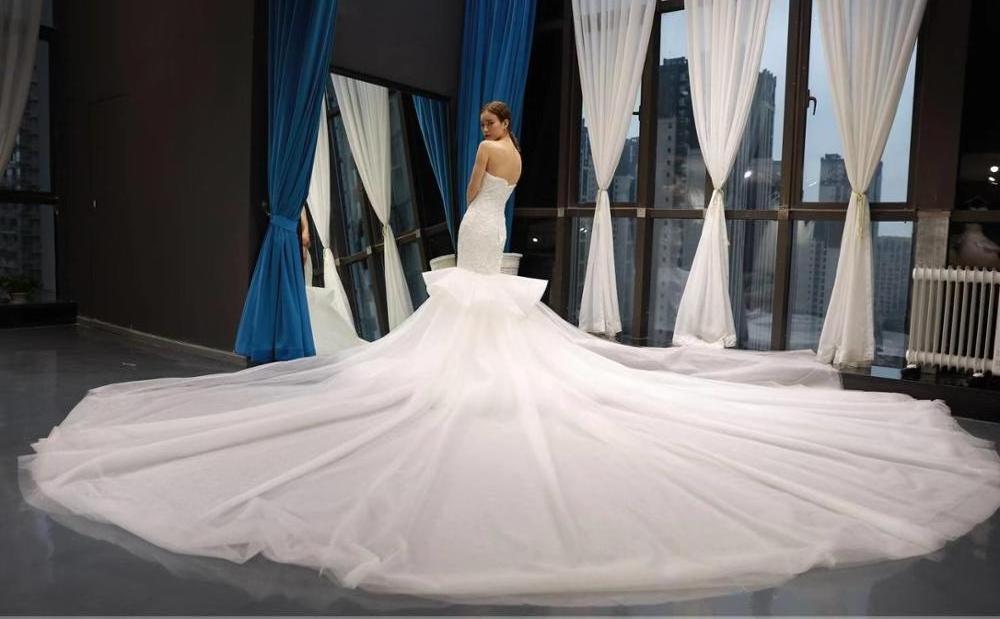 RSM66765 real high quality sweetheart sexy peplum mermaid luxury bridal gowns wedding dress with long detachable train