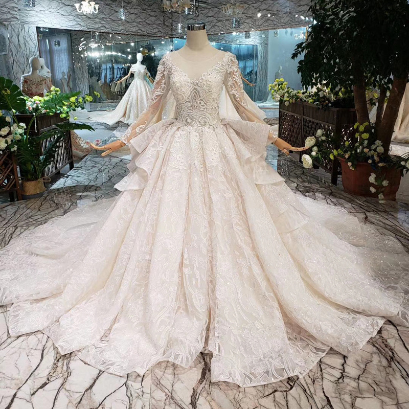 HTL206 long sleeves ball gown applique o neck peplum luxury elegant wedding dress ball gown