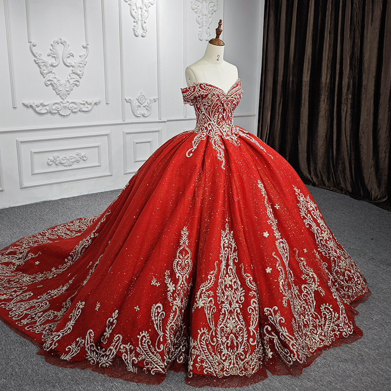 Luxury Red Ball Gown Quinceanera Dresses Gold Appliques Formal Prom Lace Up Sweet 15 16 Dress Off The Shoulder 5833