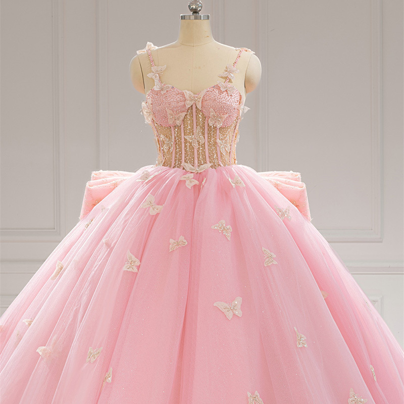 Princess Pink Quinceanera Dresses Lace Appliques Tulle Skirt Corset Sweet 16 Dress Off The Shoulder Ball Gown LSRL001