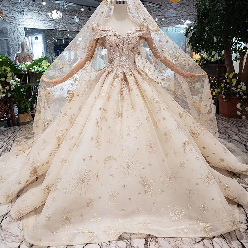 HTL262 Jancember Luxury with veil  handmade champagne golden lace bridal dress off shoulder wedding gown with long train