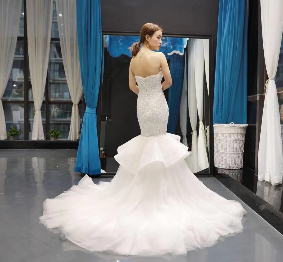 RSM66765 real high quality sweetheart sexy peplum mermaid luxury bridal gowns wedding dress with long detachable train