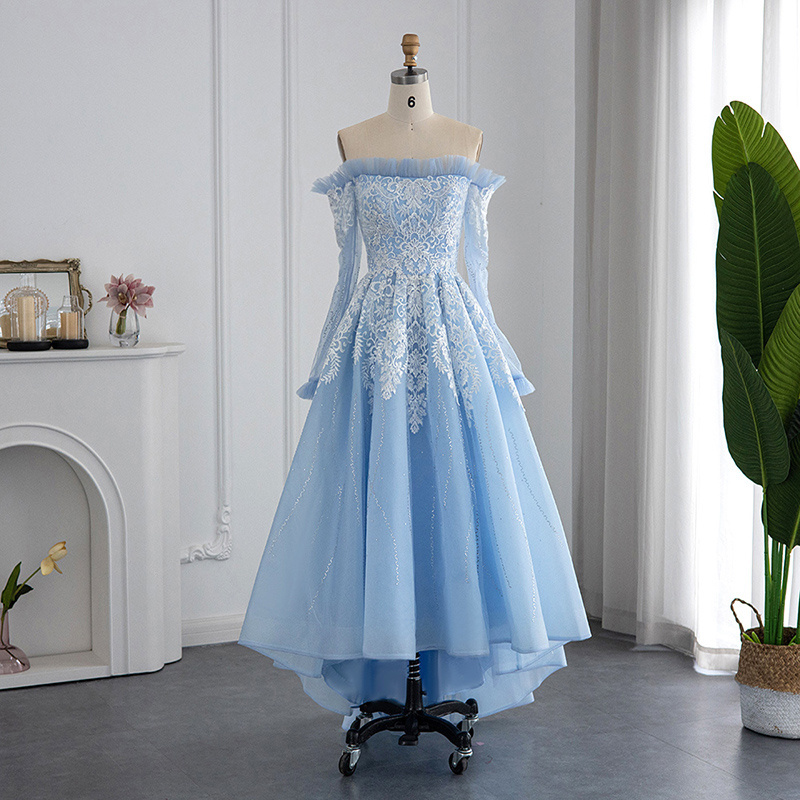 Lscz174 Luxury Dubai Light Blue High Low Evening Dress Short Front Long Back Midi Formal Prom Dress For Wedding Party