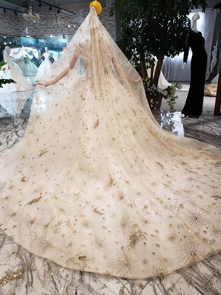 HTL262 Jancember Luxury with veil  handmade champagne golden lace bridal dress off shoulder wedding gown with long train