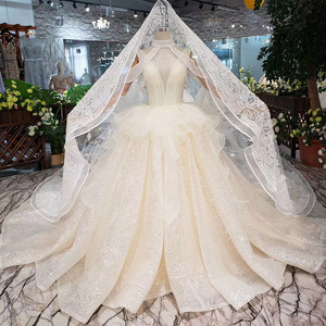 HTL293 Open back sleeveless Wedding Dress with wedding veil tassel backless v-neck shiny bridal dress wedding gown with peplum