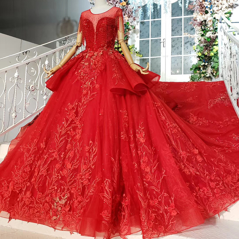 HTL883 Jancember flower pattern o neck beaded red peplum dress ball gowns women