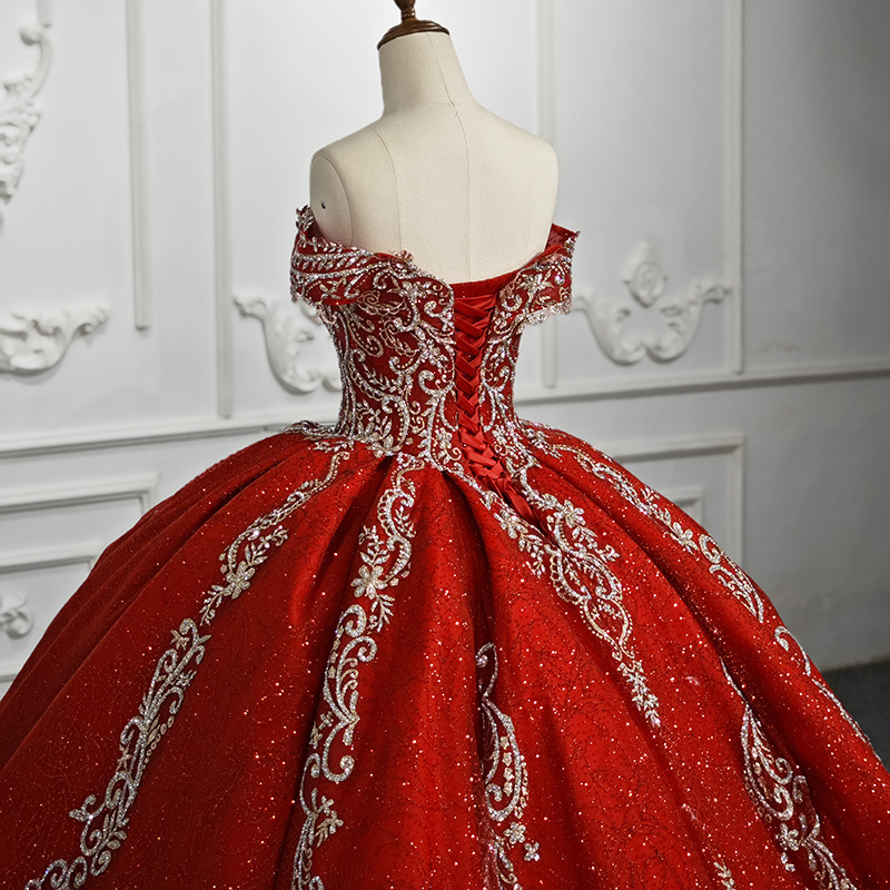 Luxury Red Ball Gown Quinceanera Dresses Gold Appliques Formal Prom Lace Up Sweet 15 16 Dress Off The Shoulder 5833