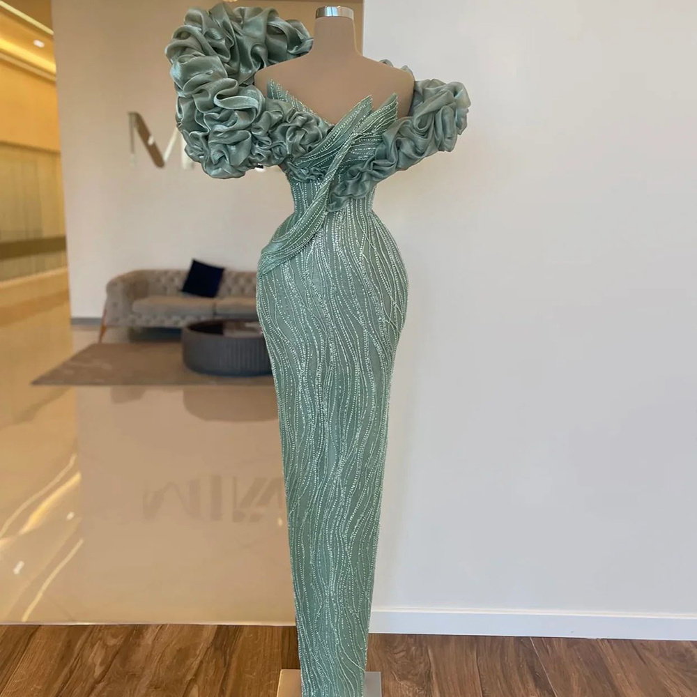 Elegant Off Shoulder Mermaid Sage Green Evening Dresses Luxury Dubai Women Arabic Champagne Wedding Party Gown Sz288