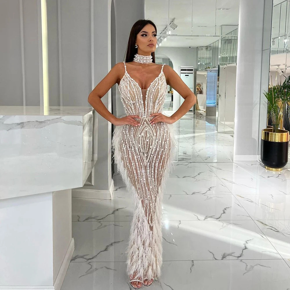 Luxury Feather White Nude Mermaid Evening Dress With Necklace Spaghetti Straps Women Wedding Party Prom Gowns Sz185