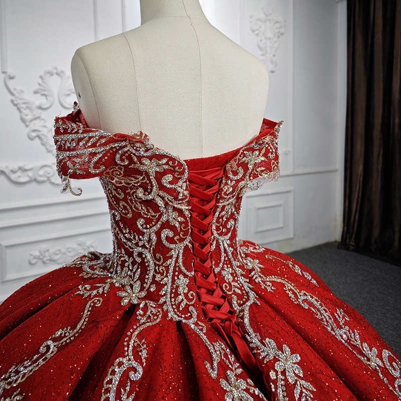 Luxury Red Ball Gown Quinceanera Dresses Gold Appliques Formal Prom Lace Up Sweet 15 16 Dress Off The Shoulder 5833