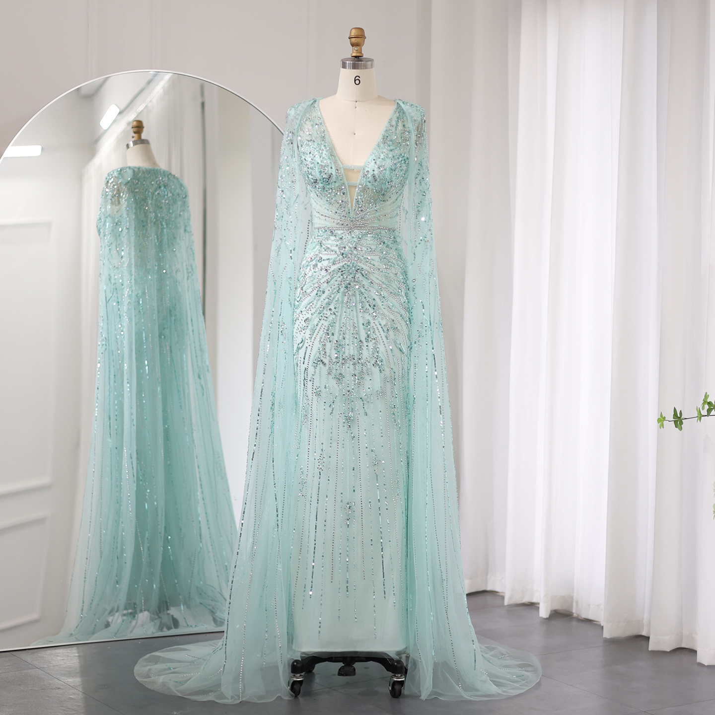 Luxury Dubai Turquoise Mermaid Evening Dresses With Cape V-Neck Arabic Silver Grey Wedding Formal Party Gowns Sz397