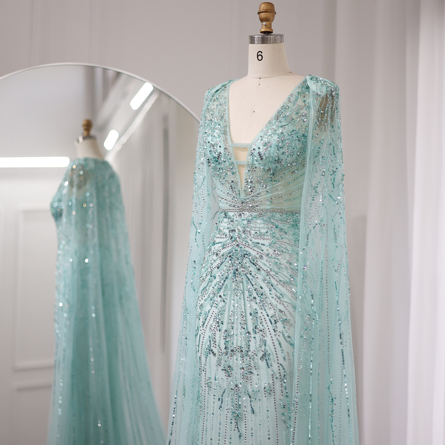 Luxury Dubai Turquoise Mermaid Evening Dresses With Cape V-Neck Arabic Silver Grey Wedding Formal Party Gowns Sz397