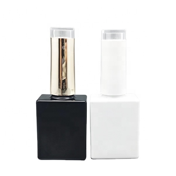 Empty rectangle 10ml black white fancy uv nail gel polish bottle with clear top nail polish cap and flat brush