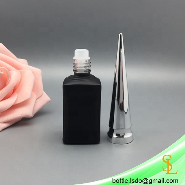 wholesale rectangle shaped 11ml matt black uv gel nail polish bottle with fancy cone silver long nail polish cap