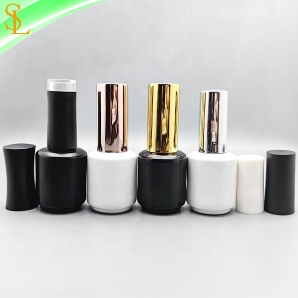 15ml round custom printing nail gel polish bottles white and black uv gel polish bottles with gold silver cap and brush