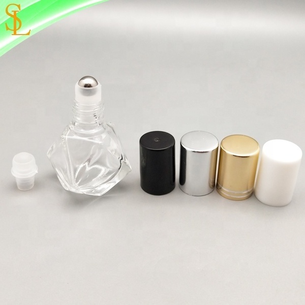 New design 5ml unique diamond shaped roller glass perfume bottle with caps and glass/metal roller ball