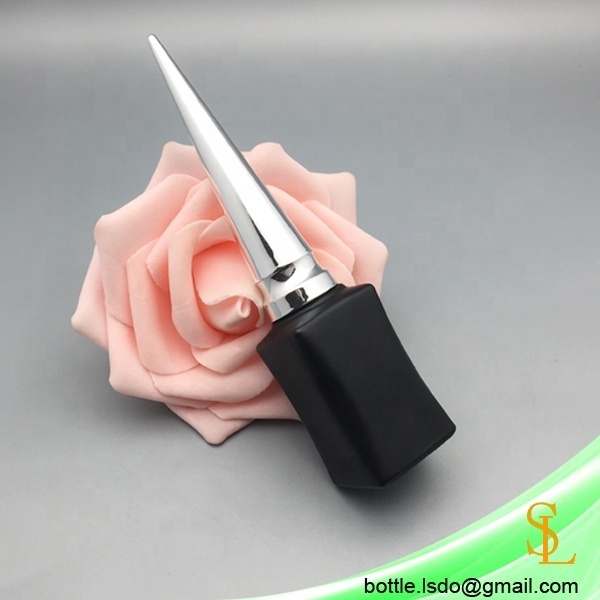 wholesale rectangle shaped 11ml matt black uv gel nail polish bottle with fancy cone silver long nail polish cap