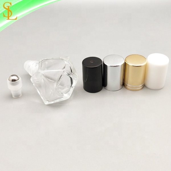 New design 5ml unique diamond shaped roller glass perfume bottle with caps and glass/metal roller ball