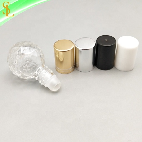 Diamond ball shaped empty custom 3 ml perfume roll on bottle with glass/steel ball and caps for essential oil