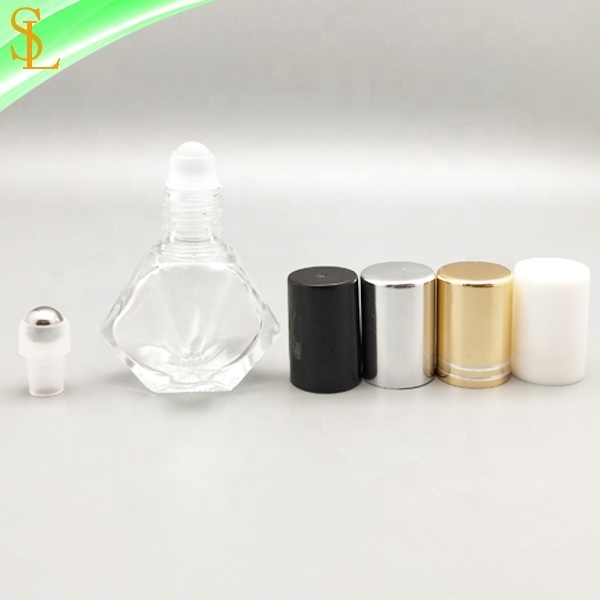 New design 5ml unique diamond shaped roller glass perfume bottle with caps and glass/metal roller ball