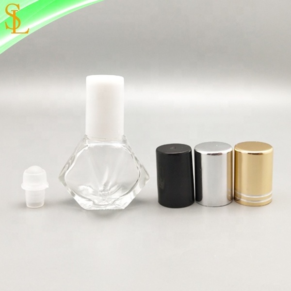 New design 5ml unique diamond shaped roller glass perfume bottle with caps and glass/metal roller ball