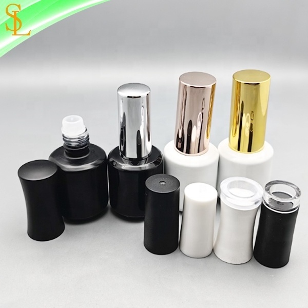 15ml round custom printing nail gel polish bottles white and black uv gel polish bottles with gold silver cap and brush