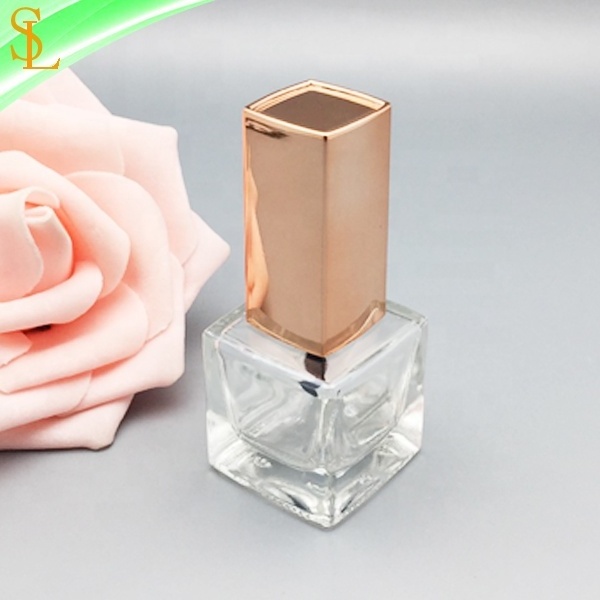 cubic square glass bottles 10ml for nail polish bottles with brush and rectangular rose gold cap