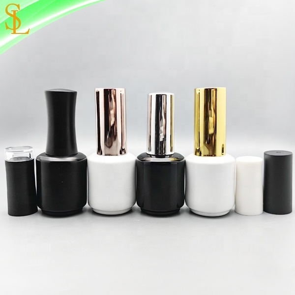 15ml round custom printing nail gel polish bottles white and black uv gel polish bottles with gold silver cap and brush