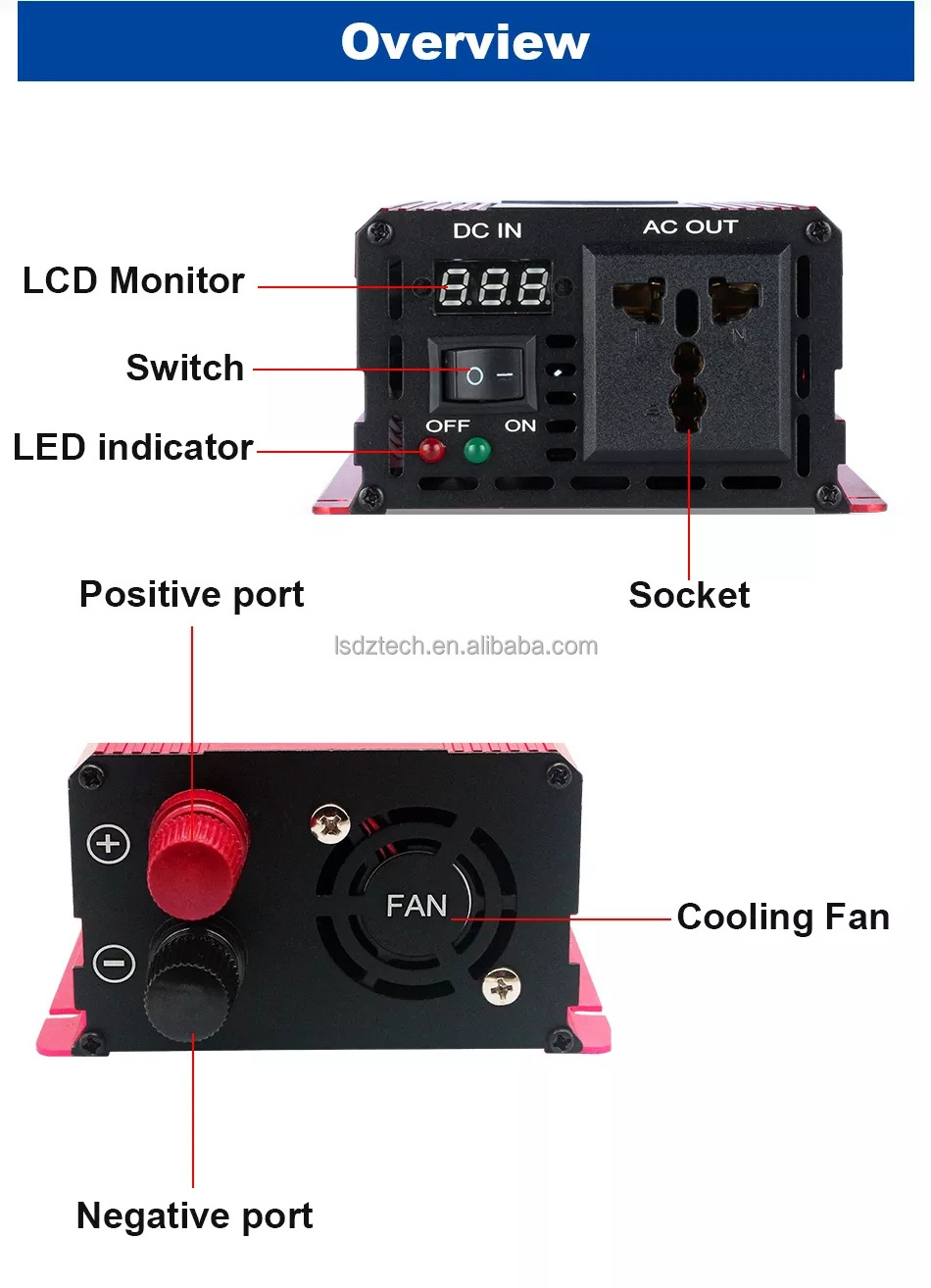 12V 24VDc To 120V 220V Ac Pure Sine wave  Ac Battery Charger 800W 1600W 2200W 3000W Solar Power Car Inverter