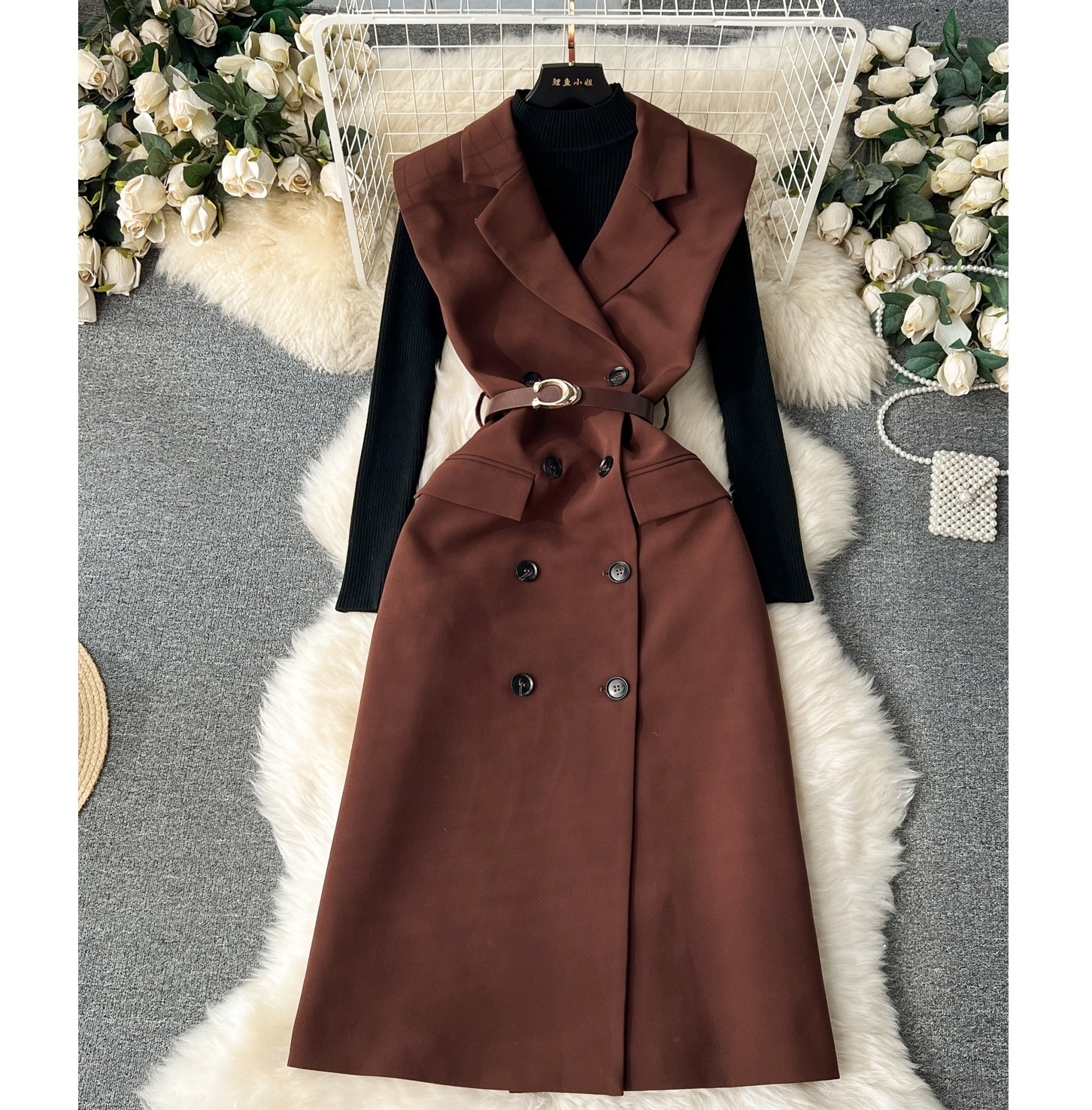 Set Women'S Knitted Bottom Shirt Vintage Double-Breasted Suit Dress Two Piece Set