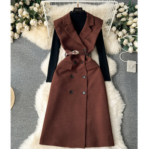 Set Women'S Knitted Bottom Shirt Vintage Double-Breasted Suit Dress Two Piece Set